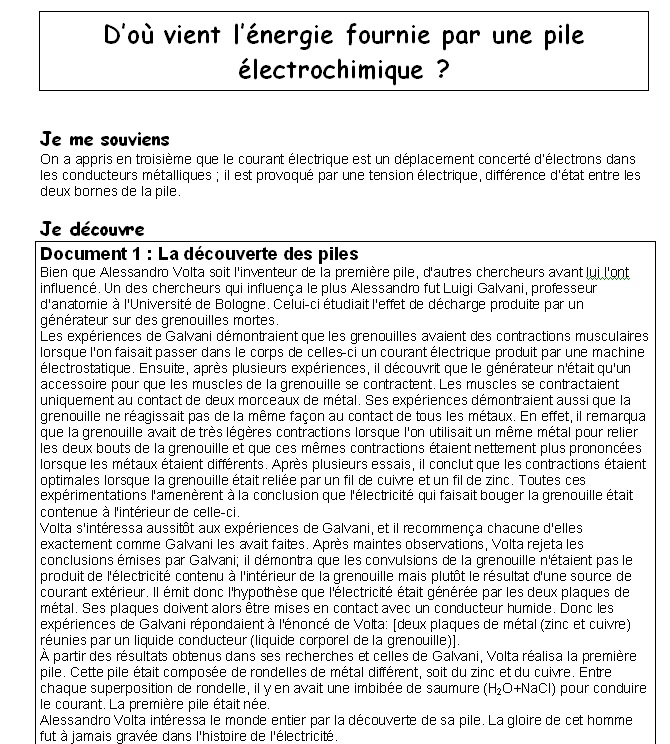 La pile électrochimique et l'énergie chimique page 1